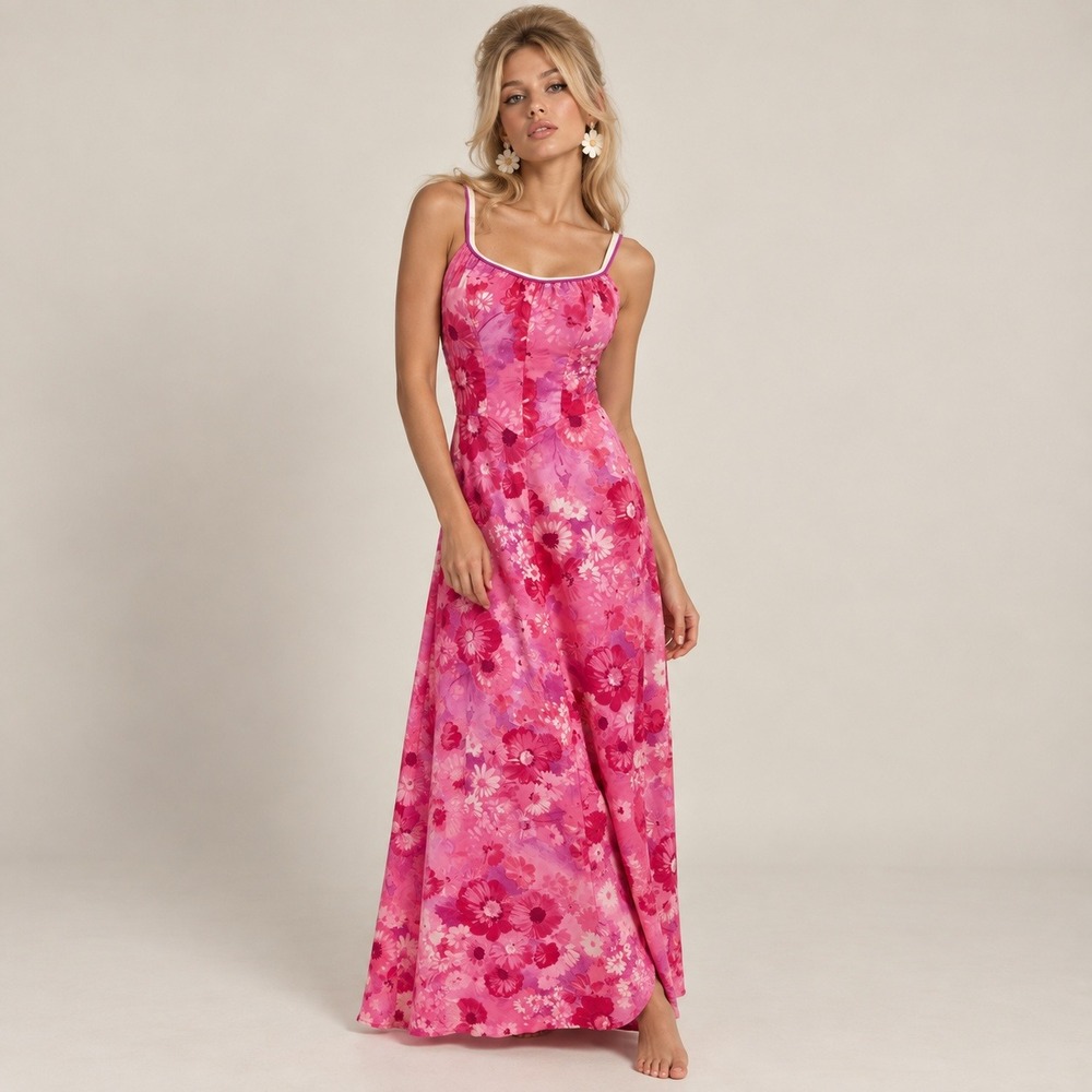 DeWeese Design Swim Dress Women 8/30 Pink Vtg 60s Floral Maxi Designer Resort